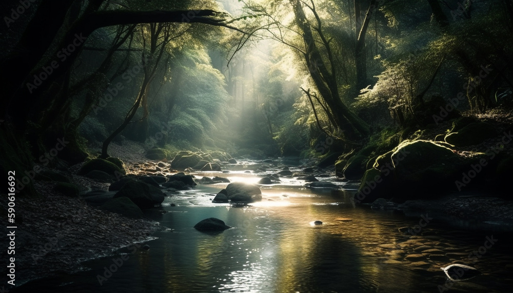 Flowing water through misty forest, a mystery generated by AI