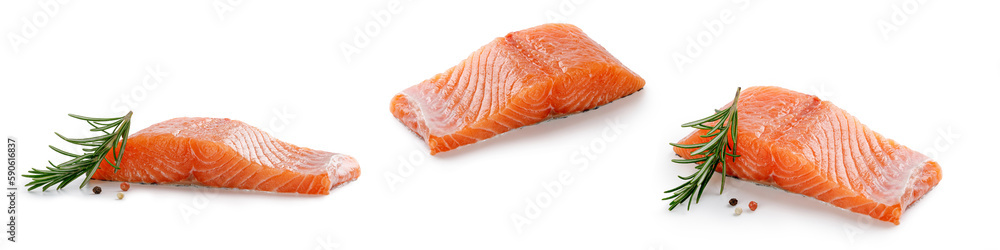 Salmon. Fresh raw uncooked salmon fillet fish, slice, steak with rosemary and pepper isolated on white background with clipping path, cut out. Set or collection, banner. Salmon. Fresh raw uncooked salmon fillet fish, slice, steak with rosemary and pepper isolated on white background with clipping path, cut out. Set or collection, banner.