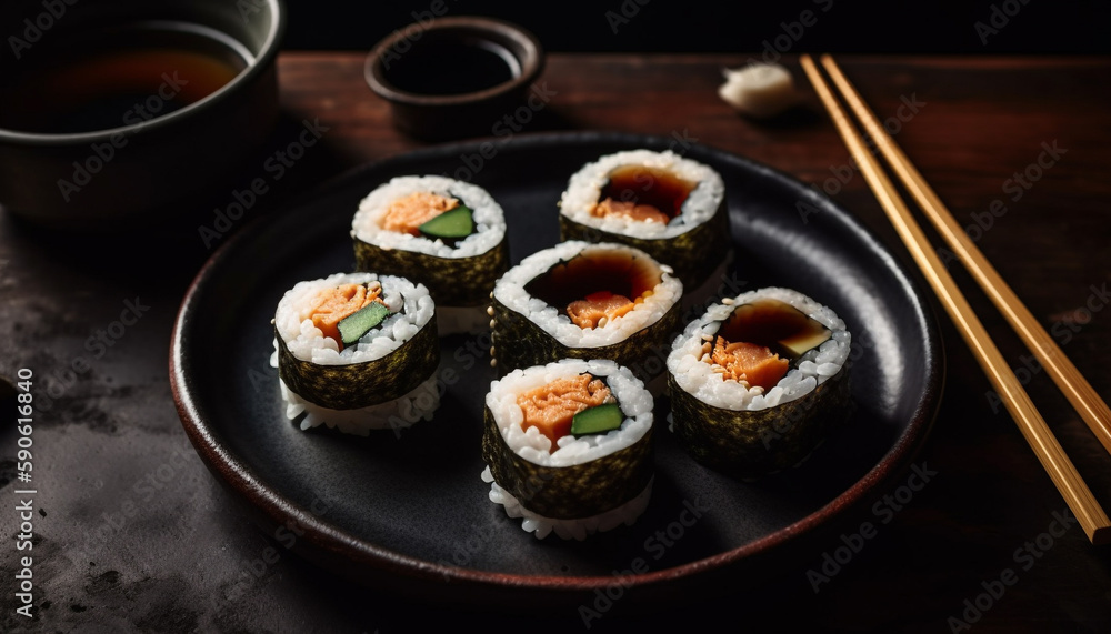 Fresh seafood maki sushi, a healthy refreshment generated by AI Fresh seafood maki sushi, a healthy refreshment generated by AI