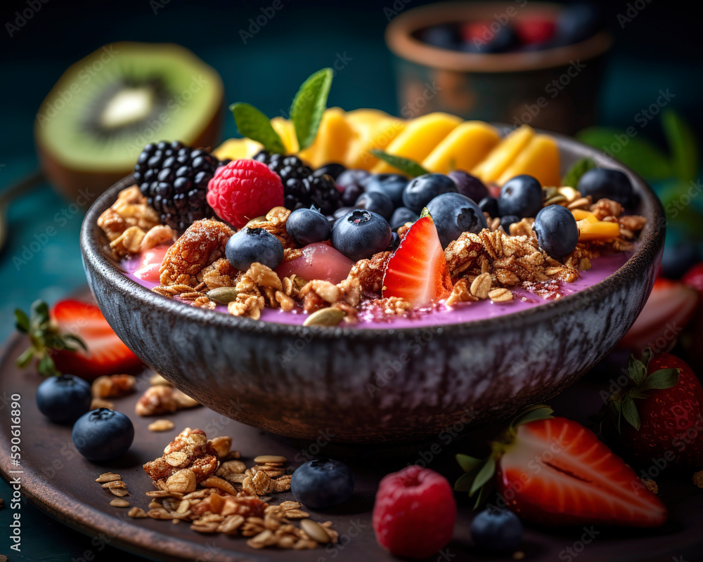 Vibrant, healthy smoothie bowl filled with blended fruits, yogurt, and topped with granola, nuts, and fresh berries. Vibrant, healthy smoothie bowl filled with blended fruits, yogurt, and topped with granola, nuts, and fresh berries.