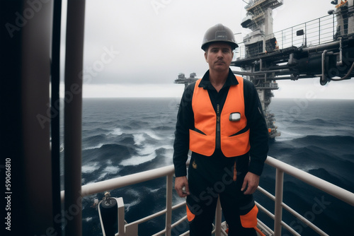 Portrait of the oilman worker on Oil rig platform. Generative AI