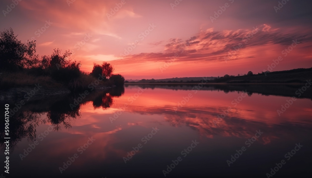 Vibrant sunset silhouettes trees, horizon over water generated by AI