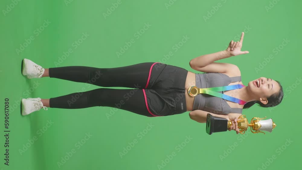 Full Body Of Asian Woman With A Gold Medal And Trophy Making Shh ...