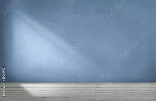 Home interior. Empty room, wooden floor, Sky Blue color painted wall and Texture, banner. 3d illustration. Empty room with sunlight from the window. 3d background or interior. Copy space.