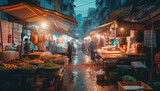 Night market vendors selling multi colored seafood and fruit generated by AI