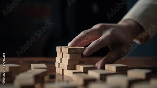 Businesswoman hand stopping the domino wooden effect concept for business Generative AI