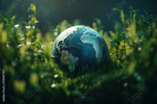 A beautiful glass globe resting peacefully in a bed of lush greenery  representing the delicate balance of our environment. AI Generative