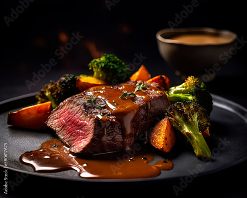 Close-up of a perfect looking delicious plate of perfectly cooked medium-rare steak, served with roasted vegetables and a rich, flavorful sauce.
