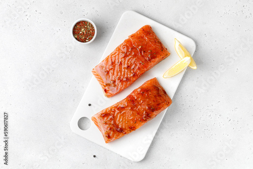 Obraz na plátne Marinated Salmon with sauce, red marinade, spicy