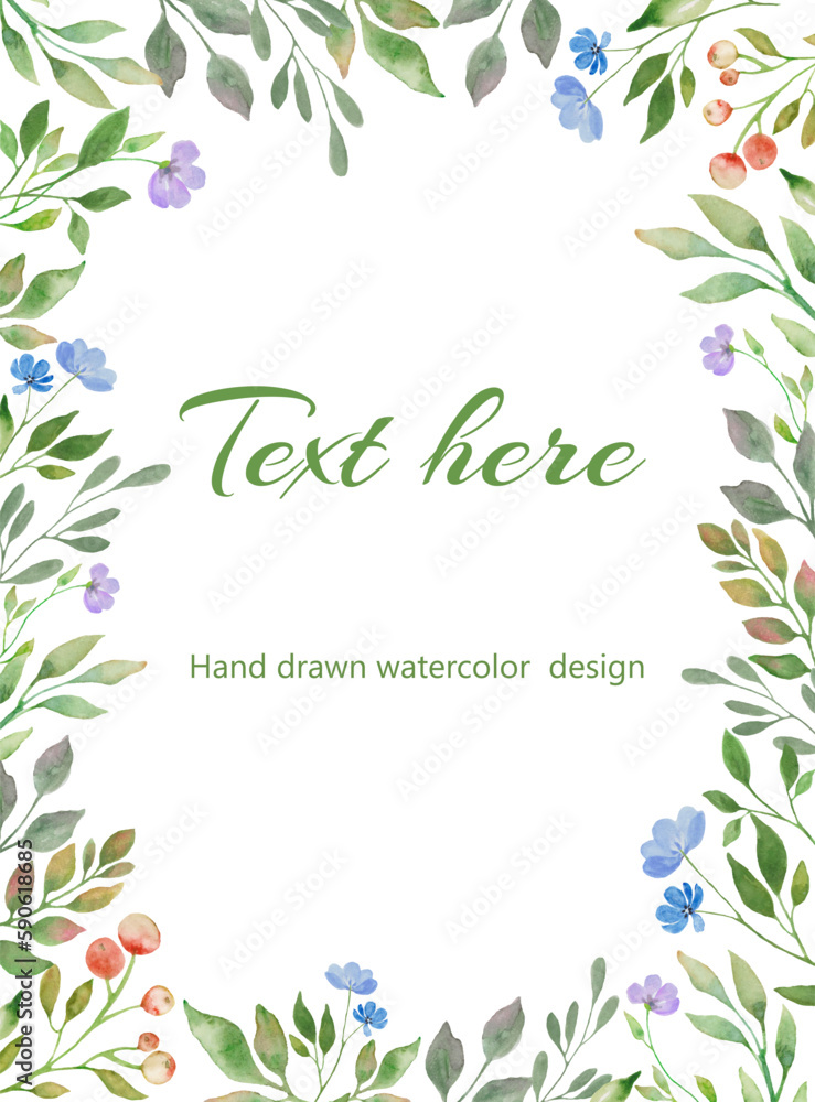 Watercolor floral template with  wildflowers. Design for posters, cards, banners designs. Hand drawing illustration on white background. Vector EPS.