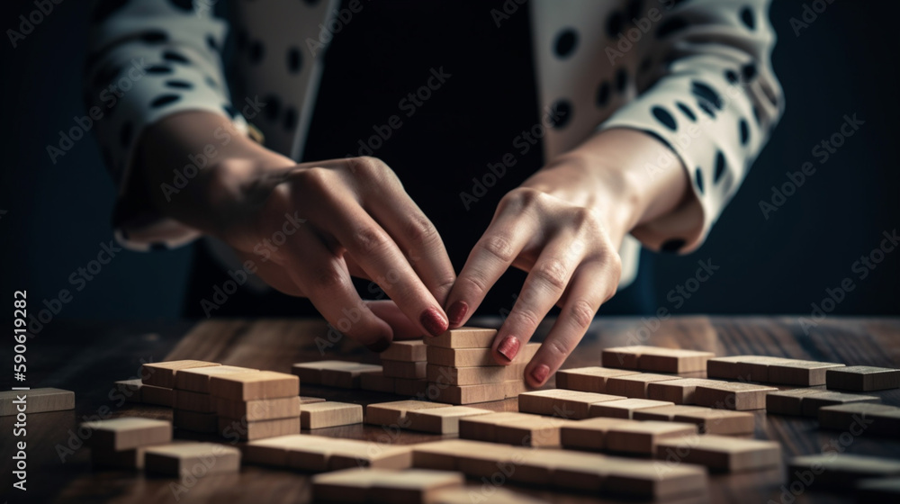 Businesswoman hand stopping the domino wooden effect concept for business Businesswoman hand stopping the domino wooden effect concept for business