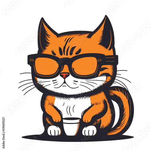 A funny, hand-drawn cartoon of a cat wearing sunglasses and holding a cup of coffee. Generative Art  © enzoleite