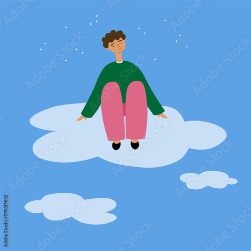 The character sits on a cloud and dreams in the clouds, far away from everyone. Lonely man in his inner world. An introvert in your own world. Flat illustration in cartoon style. 