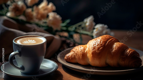 Freshly brewed cup of coffee with latte art, accompanied by a warm croissant and small flowers.