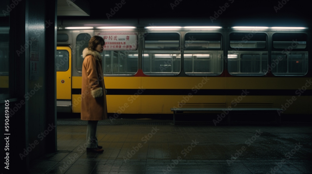 A woman is waiting for a bus in a bus station at night