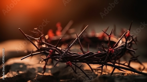 The cross and crown of thorns symbolizing the sacrifice and suffering of Jesus Christ and the red sunset, Passion Week and Lent concept Generative AI