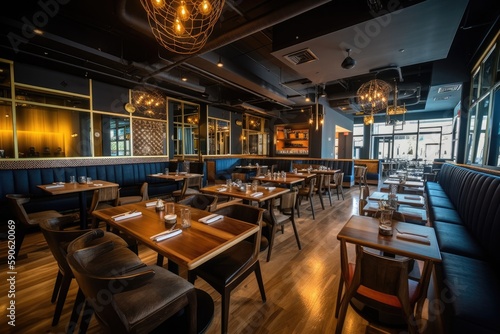 bustling restaurant with an open kitchen concept  trendy industrial decor  cozy seating  and ambient lighting  providing a trendy and inviting atmosphere for diners - Generative AI