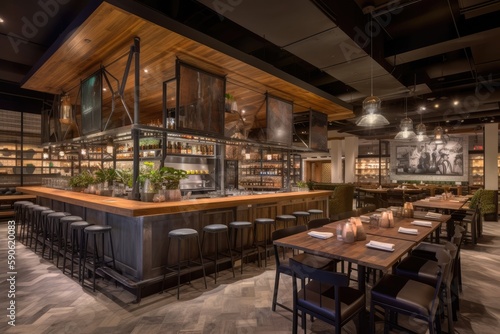 bustling restaurant with an open kitchen concept  trendy industrial decor  cozy seating  and ambient lighting  providing a trendy and inviting atmosphere for diners - Generative AI