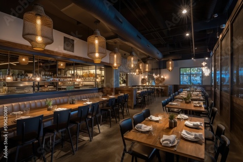 bustling restaurant with an open kitchen concept  trendy industrial decor  cozy seating  and ambient lighting  providing a trendy and inviting atmosphere for diners - Generative AI