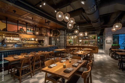 bustling restaurant with an open kitchen concept, trendy industrial decor, cozy seating, and ambient lighting, providing a trendy and inviting atmosphere for diners - Generative AI