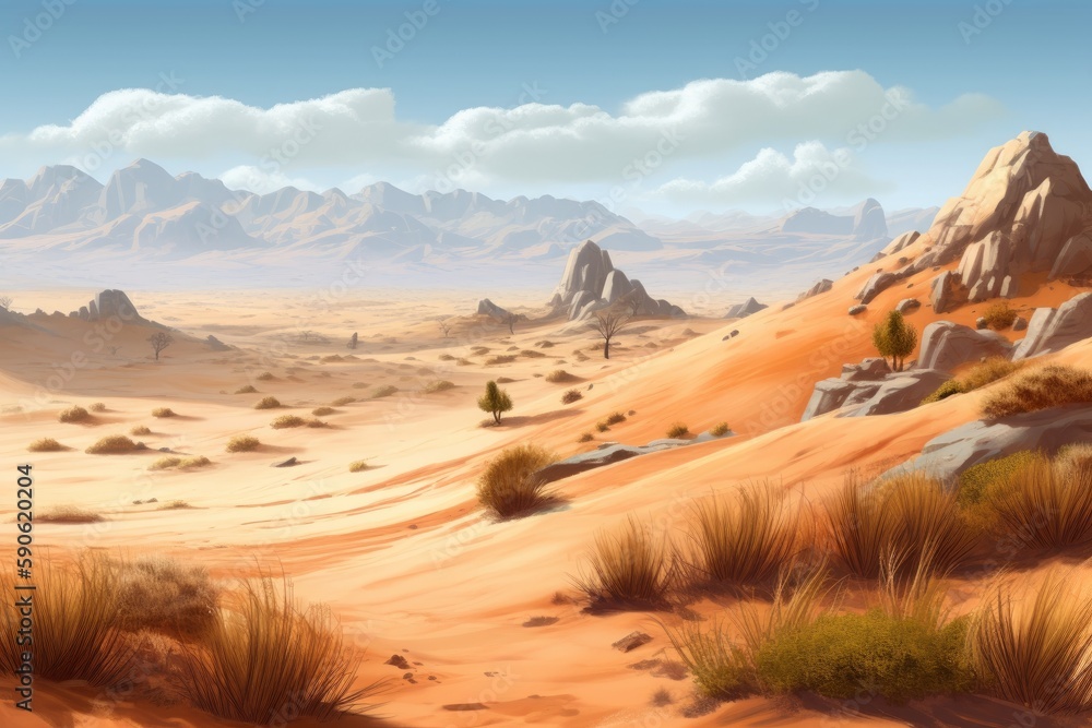 Serene Midday Desert Landscape Illustration, Generative AI