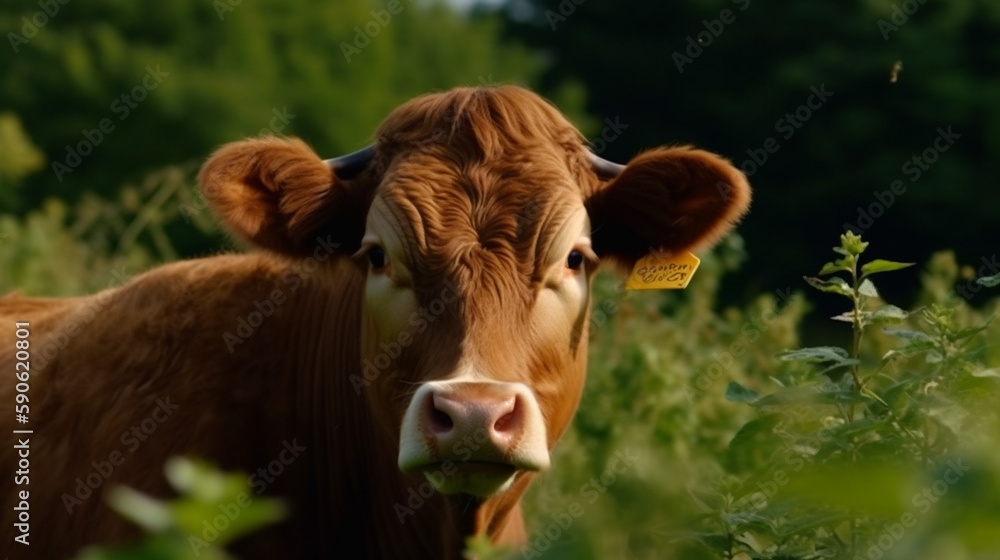 A brown cow looking over a hedgerow on a farm in Generative AI