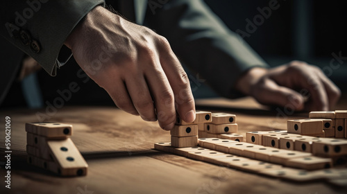 Businesswoman hand stopping the domino wooden effect concept for business Generative AI