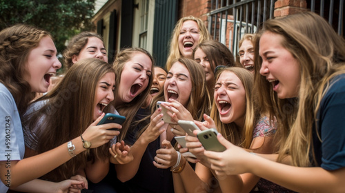 A candid moment of high school seniors celebrating their college acceptance letters, captured with a smartphone camera, creating a sense of excitement and joy, Created with generative Ai Technology.
