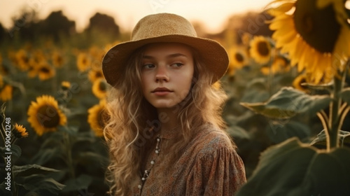 Young woman in a straw hat in a field of sunflowers. Generative AI