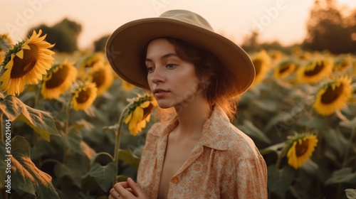 Young woman in a straw hat in a field of sunflowers. Generative AI