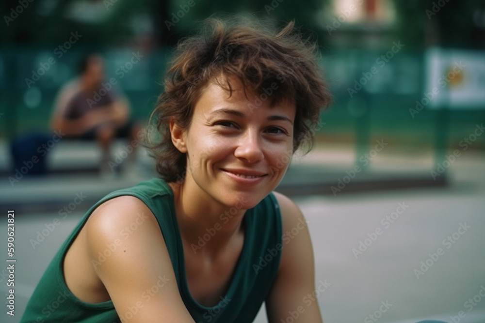 curly haired young woman with green tank top smiling sitting next to basketball court - Generative AI