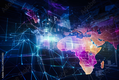 Hologram displaying a world map with clearly visible countries and continents on a dark background and with a purple color. The concept of digital business connecting different countries. Generative a
