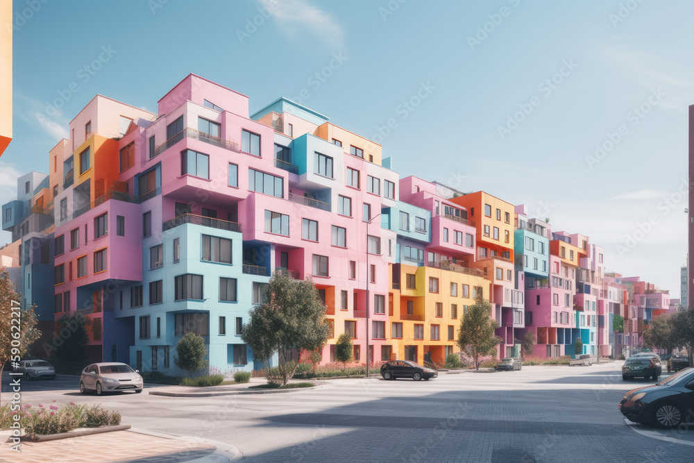 colorful houses on the street created with Generative AI technology