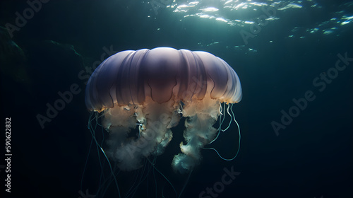 White Jellyfish dancing in the dark blue ocean water. Generative AI Illustration © Ilva