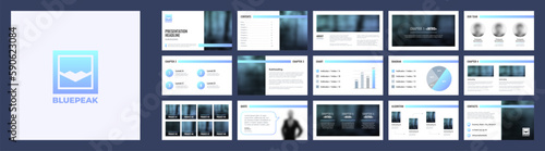 Presentation of blue corporate design with square logo and color background. Presentation slides template for modern company.