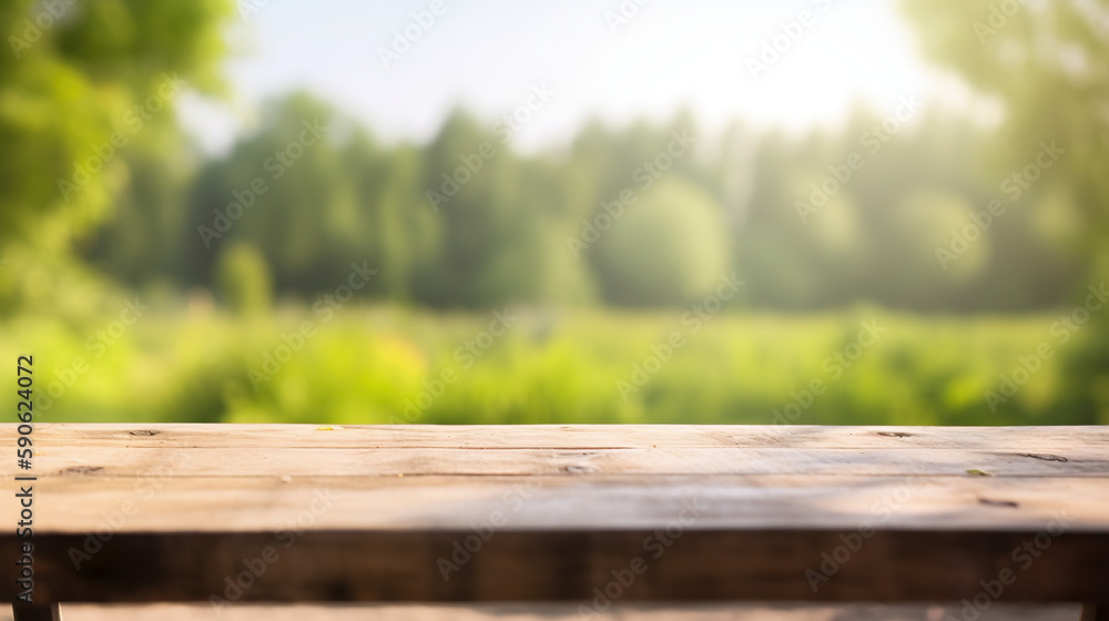 The focused top of the table in front and the highly blurred summer background in the back out of focus, sunny light leaks The focused top of the table in front and the highly blurred summer background in the back out of focus, sunny light leaks