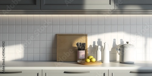 Modern kitchen background, countertop with kitchen utensils and empty space, generative ai