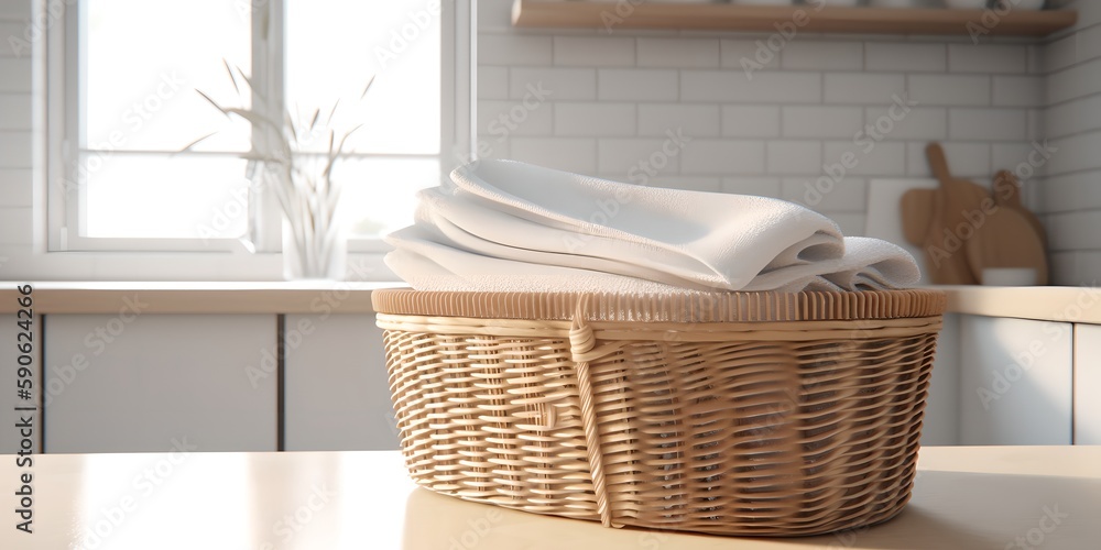 Basket with clean towels on counter top in home bathroom, generative ai Basket with clean towels on counter top in home bathroom, generative ai