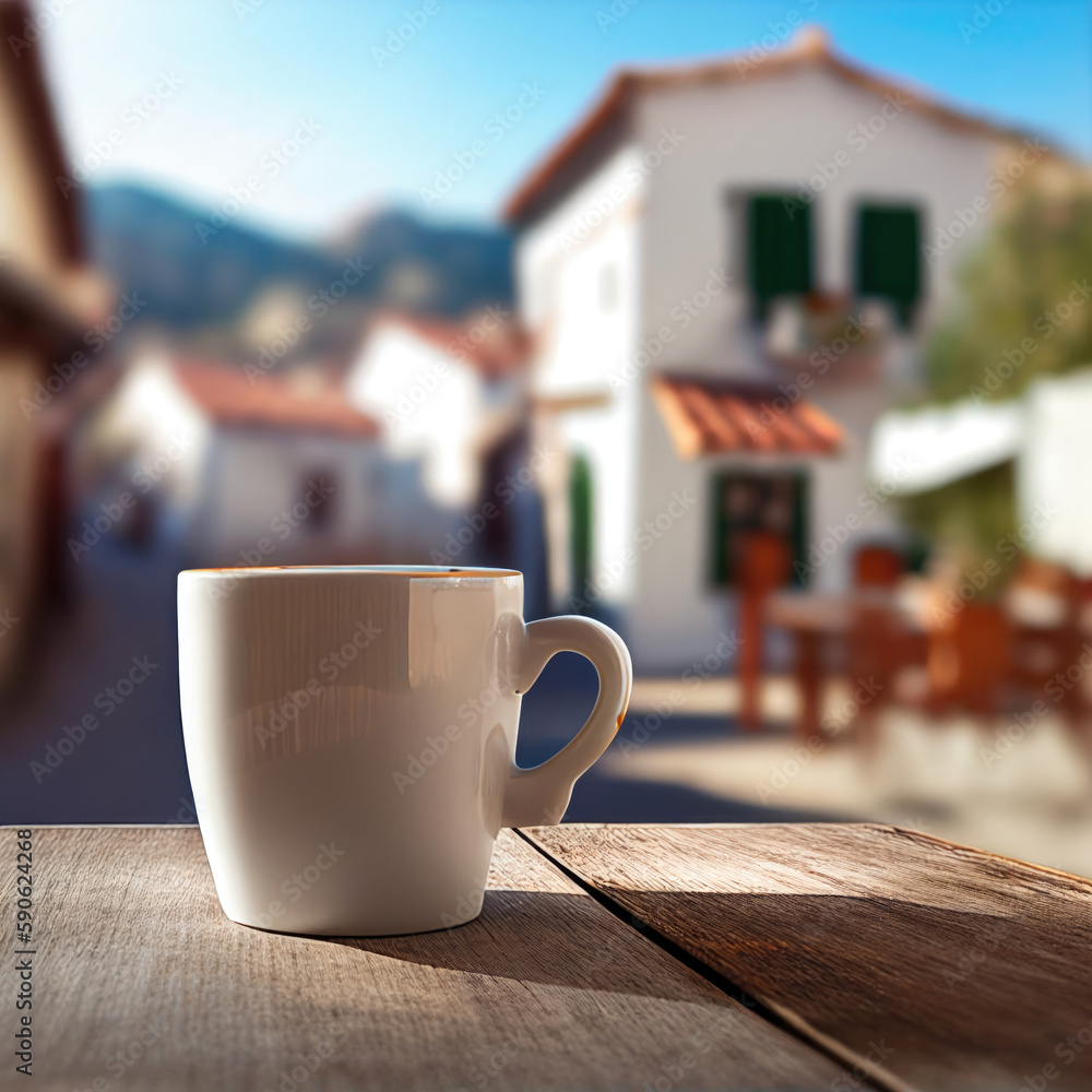 White mug on wooden table in a street cafe, summer sunny day, Generative AI