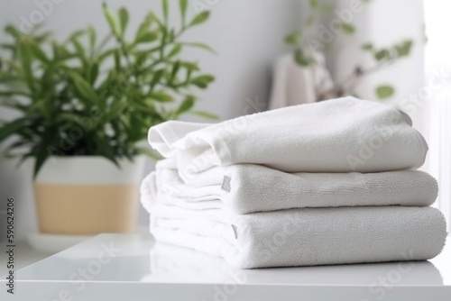 Stack of towels white and fresh on the tabletop, generative ai image