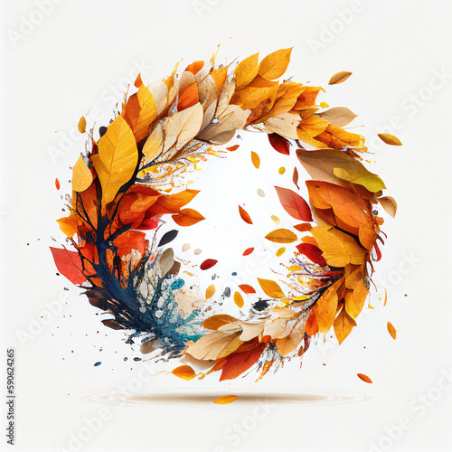 Autumn leaves shaped in a circle on white background  Generative AI