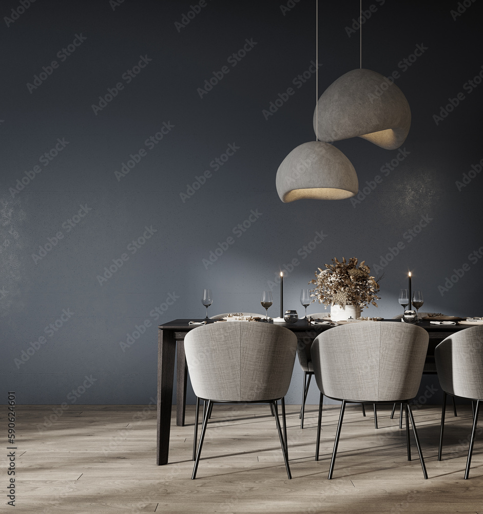 Modern concept interior of dining room with empty blue mockup wall background 3D Rendering, 3D Illustration - obrazy, fototapety, plakaty 