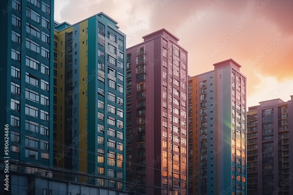 colorful skyscraper in the evening created with Generative AI technology