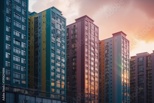 colorful skyscraper in the evening created with Generative AI technology © Robert Herhold