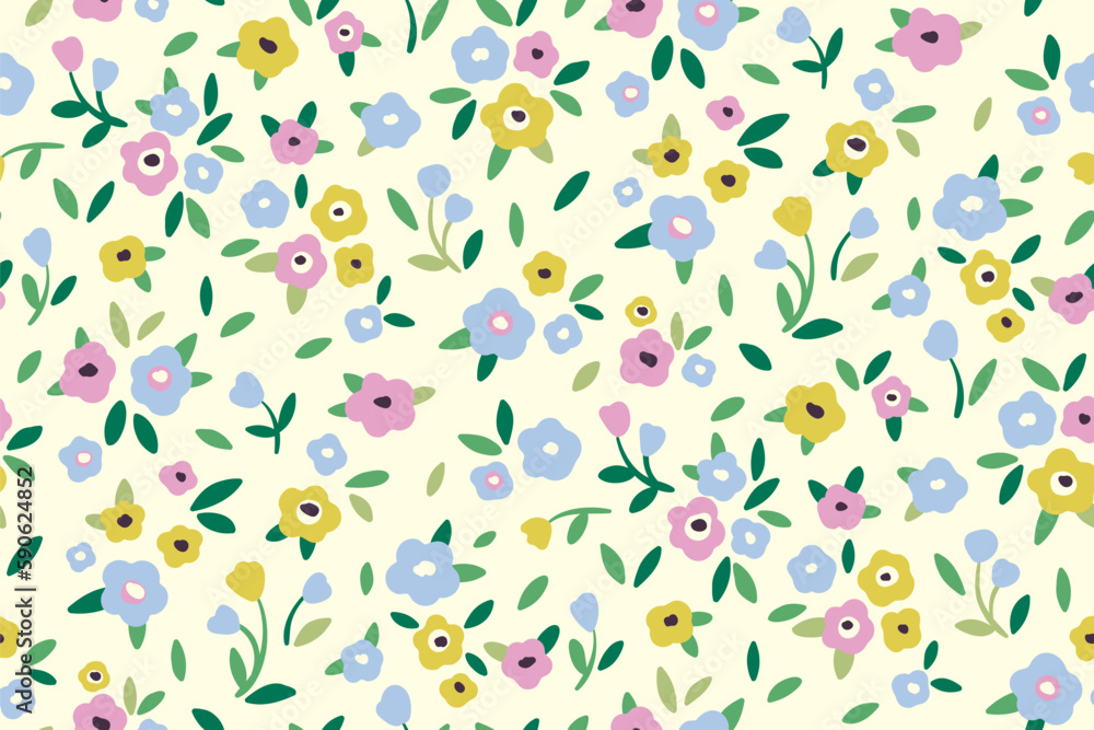 Seamless floral pattern, liberty ditsy print with mini cute flowers. Pretty botanical design with spring meadow: small hand drawn flowers, tiny leaves on white background. Vector illustration.