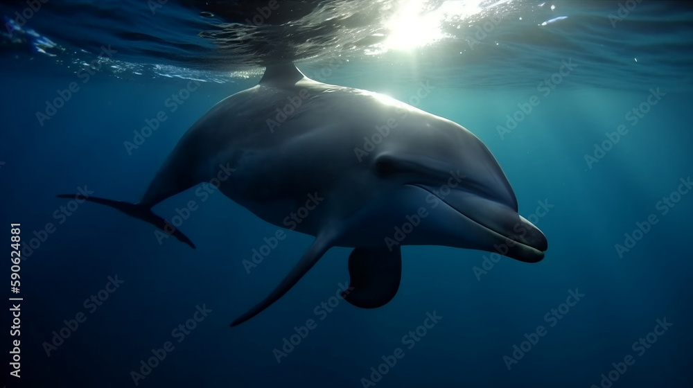 A dolphin in the deep blue sea.