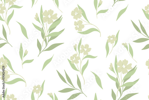 Seamless floral pattern  delicate flower print with branches on a light surface. Elegant botanical design with small hand drawn flowers on branches  leaves on white background. Vector illustration.