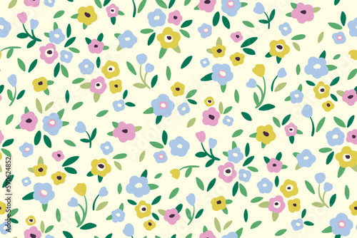 Seamless floral pattern, liberty ditsy print with mini cute flowers. Pretty botanical design with spring meadow: small hand drawn flowers, tiny leaves on white background. Vector illustration.