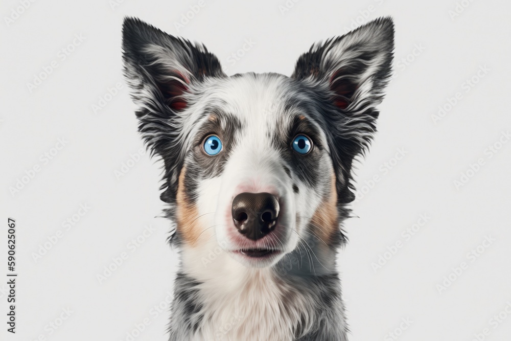Fototapeta premium An image of a focused blue merle border collie looking at the camera is isolated on white. Generative AI