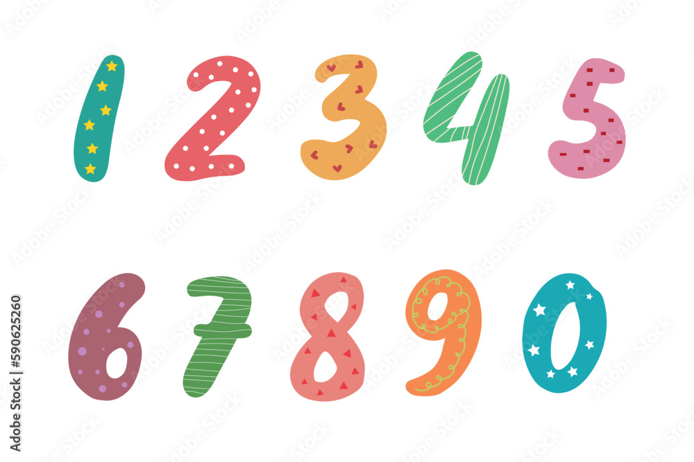 Bright multi-colored numbers in the style of doodles on a white background. Cute vector set from 0 to 9, Decor for children's posters, cards, clothes and interior Bright multi-colored numbers in the style of doodles on a white background. Cute vector set from 0 to 9, Decor for children's posters, cards, clothes and interior